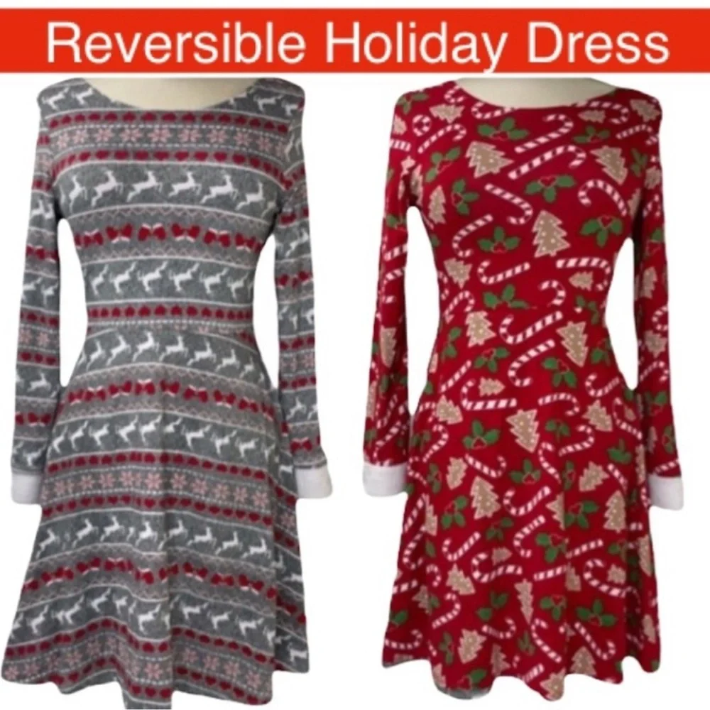 Handmade Christmas Dress Holiday Fair Isle Reversible Pattern Girls Large 12/14